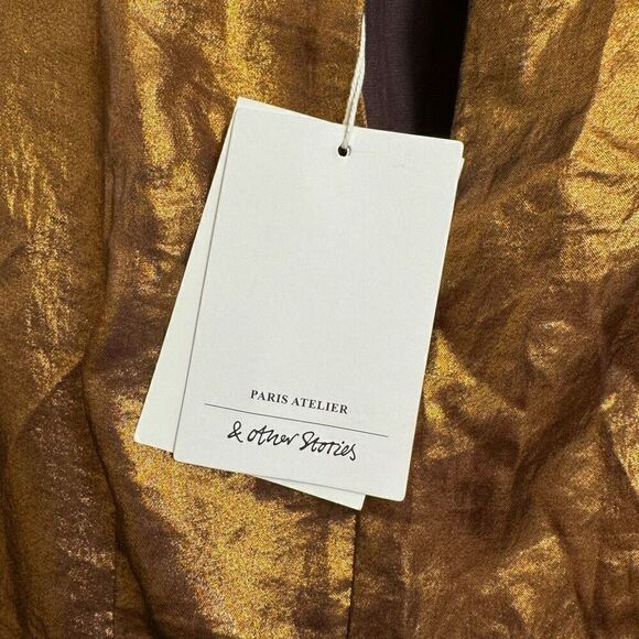 & Other Stories Metallic Shiny Satin Bronze Gold Mini Dress Size 2 NWT - Picture 4 of 10